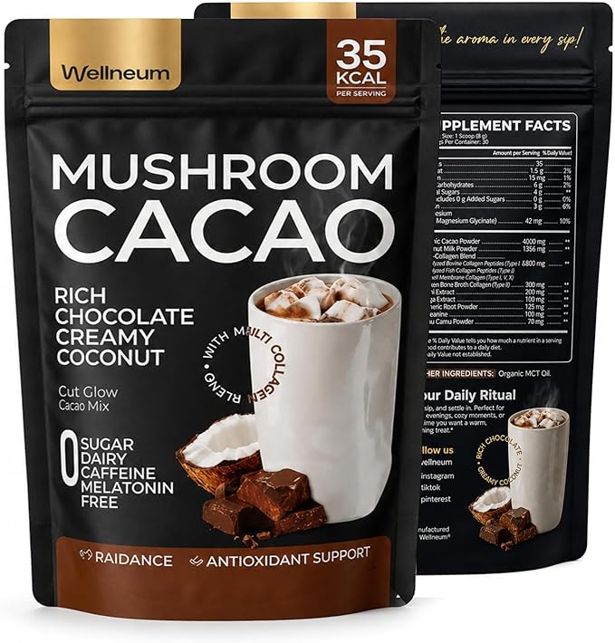 Mushroom Cacao Organic Powder Sugar Free - 1250mg Multi-Collagen Peptides Blend, Reishi, Chaga, Magnesium, L-Theanine, Turmeric & Camu Camu, 30 Servings (Packaging May Vary)