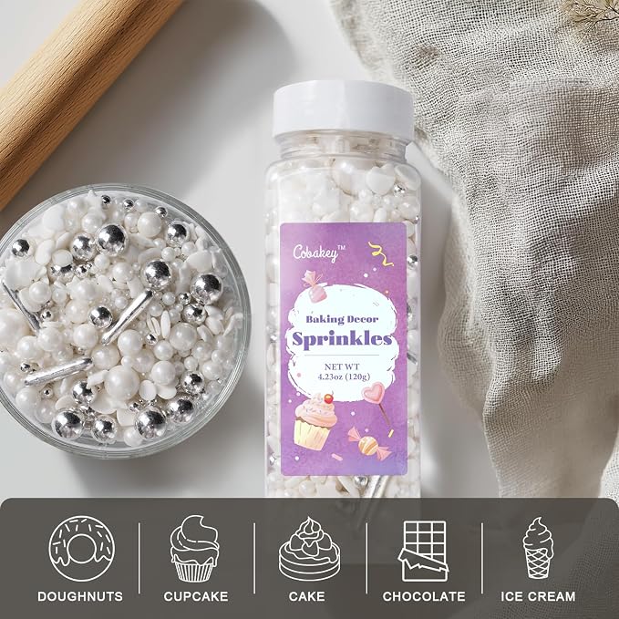 White Wedding Sprinkles for Cake Decorating 4.23ounce - Sugar Mix Contains White & Silver Pearl Sprinkles for Cupcake Toppers, Ice Cream, Candy, Cookie Decorations - Wedding Party Supplies
