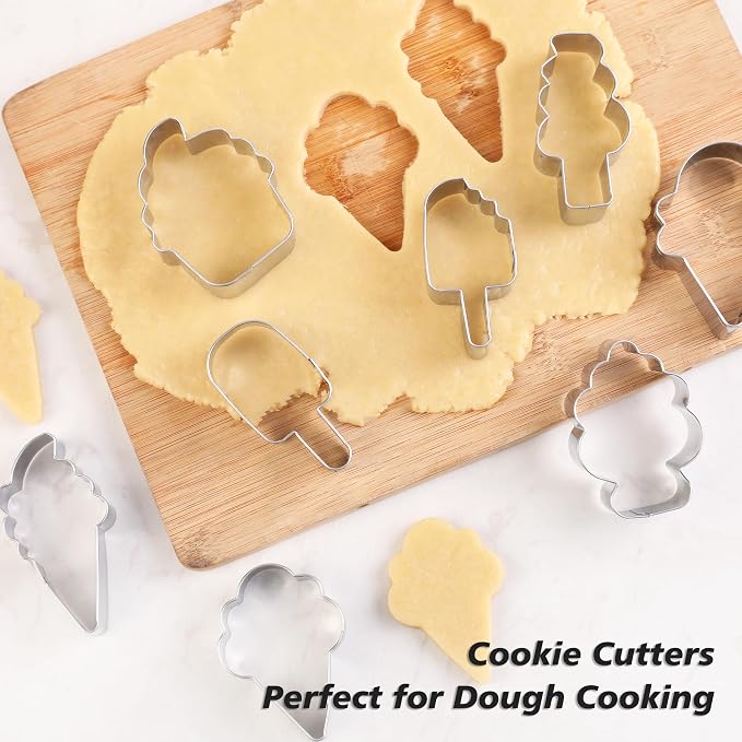 Ice Cream Cookie Cutters 8-Pc. Set, Ice Cream Cutters Stainless Steel Fondant Cutters, Popsicle, Hard and Soft Serve Ice Cream Cone (Cartoon Cookie Cutters Set)