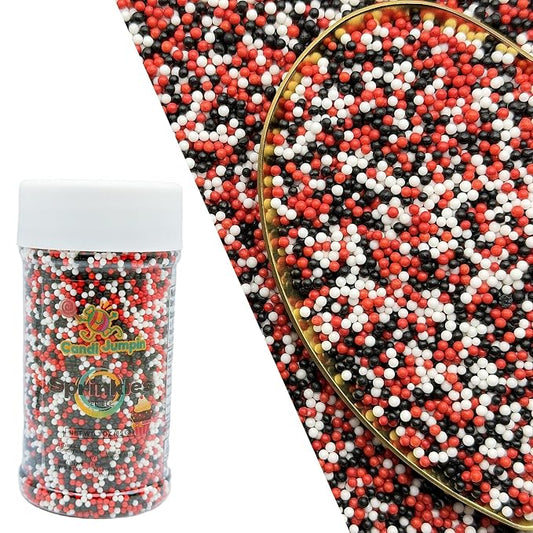 CandiJumpin 2mm Red White and Black Edible Pearls, Halloween Nonpareils Red and Black Sprinkles Small Pearl Sprinkles for Cake Decorating Mini Sugar Pearls for Baking Baby Shower Party Halloween Christmas Supplies 3 OZ