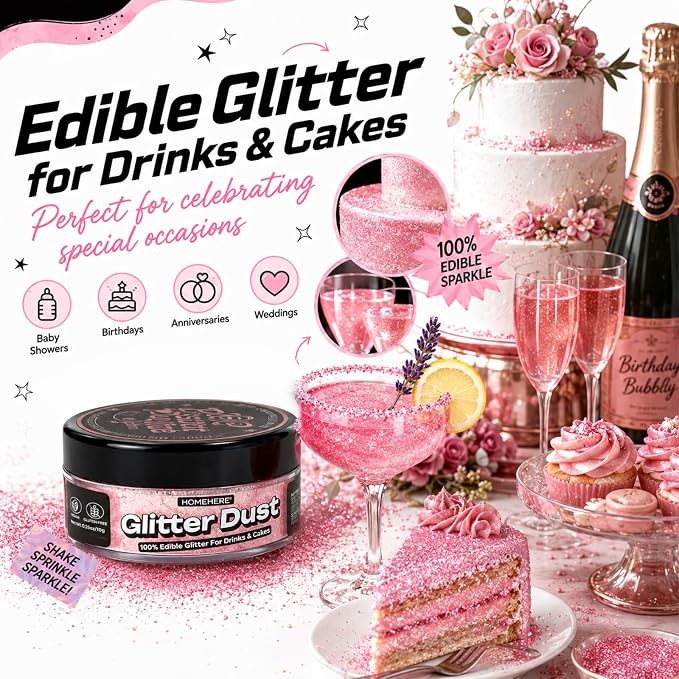 HomeHere Edible Glitter for Drinks & Cakes, 10g Food Grade Disco Diamond Glimmer Dust, Sparkle Powder for Cocktails, Chocolate, Baking Decorations, Vegan& Tasteless (Light Pink)