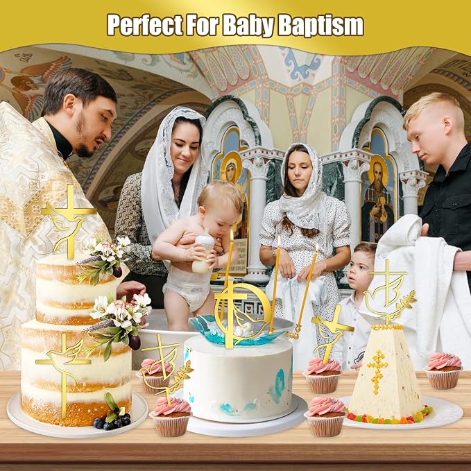 4 pcs Baptism Cake Toppers Acrylic Gold Dove Cross Cupcake Toppers Baptism First Communion Cake Decorations Supplies for Baby Shower Birthday Wedding Party Christian