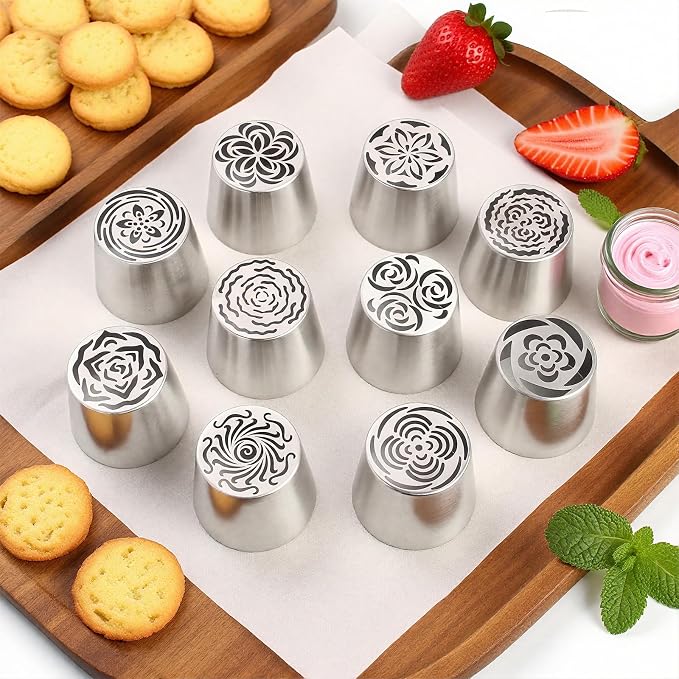 10 Pcs Extra Large Cake Decorating Russian Flower Piping Tips Set, Oversize Russian Flower Piping Tips, 2 Leaf Piping Nozzles,10 Disposable Pastry Bags with 1 Cleaning Brush for Cake Decorations