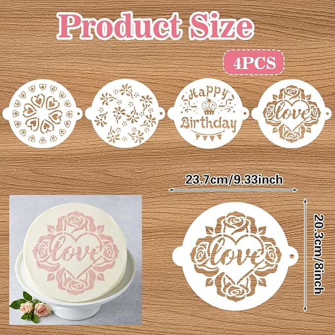 4Pcs Happy Birthday Cake Stencil, Patterns Hearts Floral for Baking | 4Pcs cake stencils:Happy Birthday,Hearts,Love,Floral.Food-grade PET,reusable,smooth edges.For fondant,buttercream,cookies