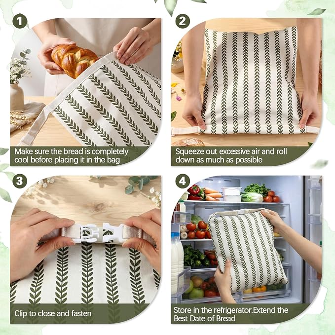 Reusable Beeswax Bread Bags for Homemade Bread Sourdough (2 Pcs 13x17in Bags + 10in Bowl Cover) Floral Cotton 100% Natural Beeswax Coating, Plastic-free Food Storage Wrap(Green Leaf)