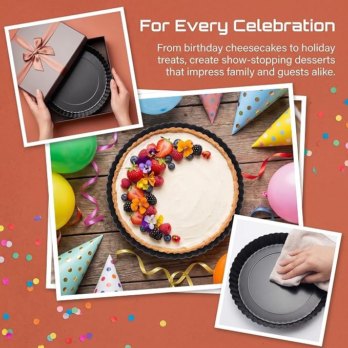 9 Inch Black Classic Round Tart Pan with Removable Bottom – Nonstick & Versatile Bakeware for Quiche, Pies, Cheesecakes, and Holiday Desserts (Wedding, Valentine's Day, Christmas, Birthday)