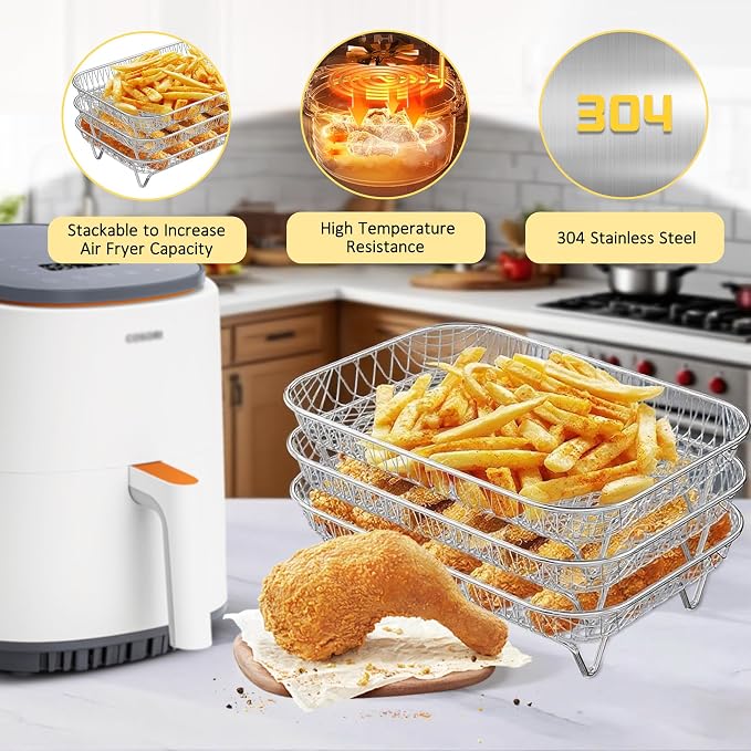 7.6 x 5.3 Inch Air Fryer Rack Set of 3 - Stackable Stainless Steel Air Fryer Basket Accessories for Baking Oven Steamer, Rectangle