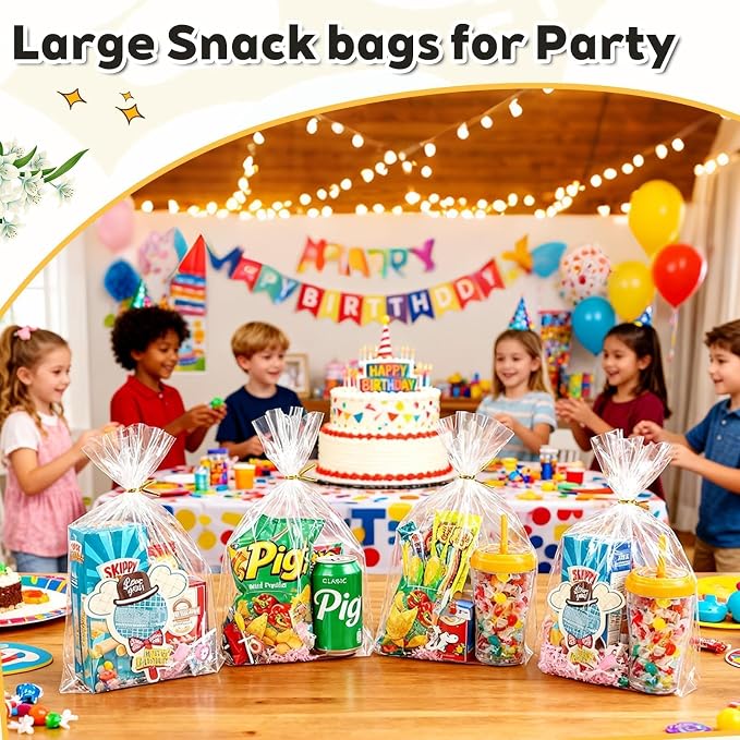 PigPotParty Cellophane Bags 10x14 Inch, 50 Pack Clear Plastic Gift Bags with Bottom Gusset for Stand-Up Display, Medium Cello Wrap for Large Goodies, Treats, Party Favors, Mugs, Includes 50 Ties