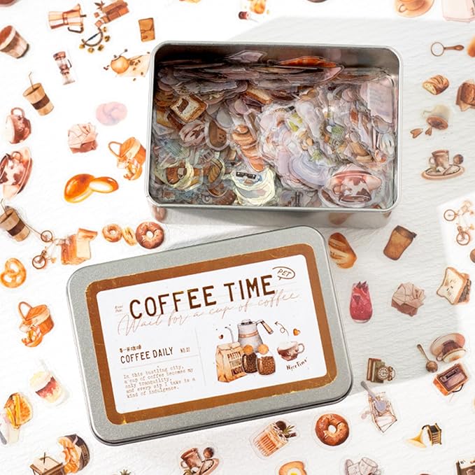 1000 Pcs Coffee Lover Stickers – 2x3cm Waterproof PET Mini Stickers for Journals, Planners, Scrapbooking – Barista, Espresso, Latte Art Small Vinyl Stickers in Vintage Tin Box