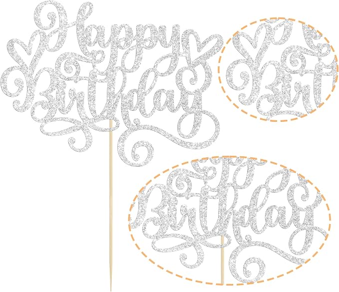 Gyufise 1Pcs Happy Birthday Cake Topper Glitter Cake Pick for Celebrating Anniversary Party Cake Decorations Supplies Silver