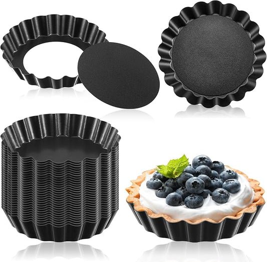 Uiifan 32 Pcs Mini Tart Pans, 3 Inch Nonstick Egg Tart Molds with Removable Bottom, Round Fluted Quiche Pan for Pie, Mousse Cake, Cheesecake, Dessert Baking, Black Gray