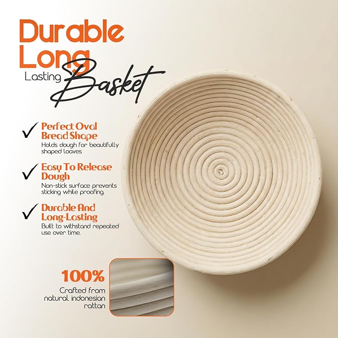 Bake Aura Sourdough Bread Proofing Basket Round 9 Inch – Pure Indonesian Rattan Banneton with Linen Liner, Splinter-Free & Food-Safe Artisan Dough Rising Bowl for Homemade Bread