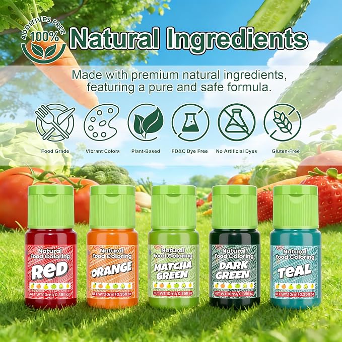 Natural Food Coloring - 15 Vibrant Colors Food Coloring Set, Food-Grade, Non-GMO, FD&C & Artificial Dye Free Natural Liquid Food Dye Set for Baking, Cake Decorating, Frosting, Icing, Fondant, Cookies, DIY Slime - 10ml (0.35fl oz)/Bottles