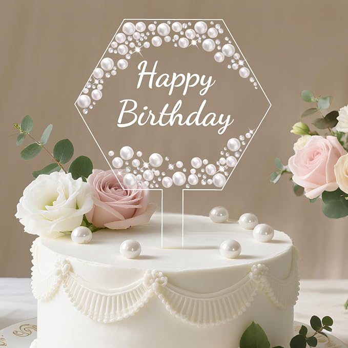 Coucoland Birthday Cake Topper - Hexagon Acrylic Cake Decor with Sparkling Rhinestones and Pearls for Party Supplies