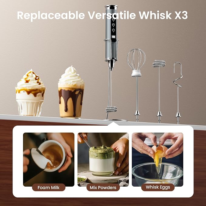 YUSWKO Milk Frother Wand for Coffee with Stand, Coffee Frother Handheld | Rechargeable Drink Mixer Wand, Waterproof Electric Whisk for Protein Powder, Lattes, 3 Variable Speeds 3 Whisks, Silver