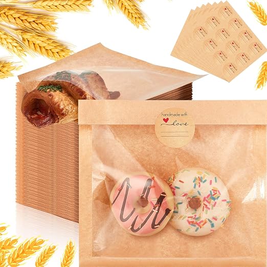 Outus 400 Pcs Cookie Packaging Bags with Seal, 7.1 x 7.5 Inch Bakery Pastry Bags with Window, Heat Sealable Grease Resistant Paper to Go Bake Sleeves for Gift Giving Donut Bread Sandwich (Brown)