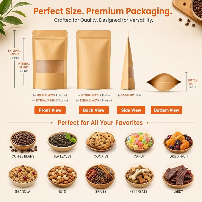 100 Pcs Kraft Paper Bags with Window, 4.7" x 7.9" Stand Up Pouches Bags, Food Storage Bags for Packaging Products, Reusable, Sealable