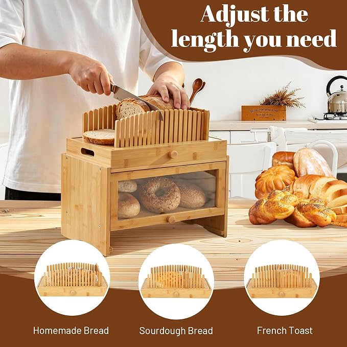 3 in 1 Bread Slicer with Bread Box and Bread Serving Tray, Bamboo Bread Slicer for Homemade Bread, Multifunctional Bread Storage Container for Slicer Storage and Bread Tray