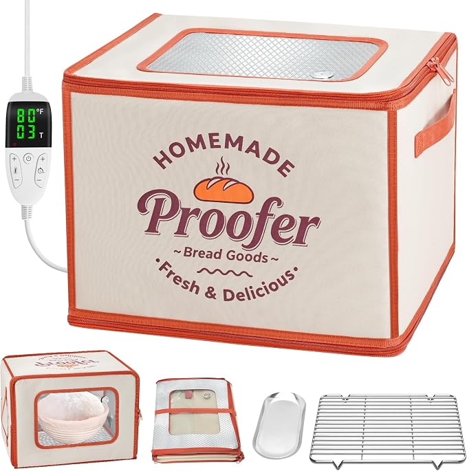 Foldable Bread Proofing Box, JOCXSPI 4-Sided Heating Dough Proofer for Sourdough Starter, 68–131°F Temp Control, 99H Timer, Metal Rack, Water Tray, Humidor for Pizza, Yogurt, Kombucha, Baking (Yellow)
