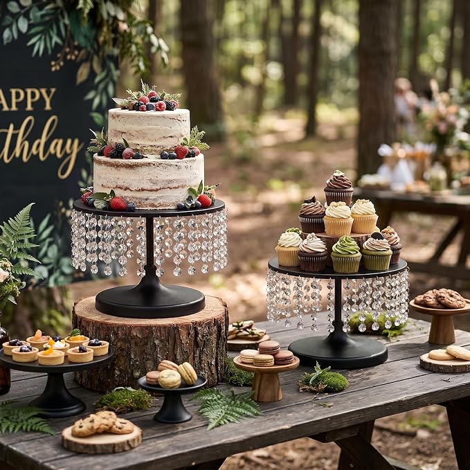 Metal Cake Stand Set with Crystal Pendants - Elegant Dessert Table Display for Weddings, Birthday Parties, Baby Showers, Events - Sturdy Crystal Bling Cupcake Stands for Pastries, Sweets, Decorations (Black, 2 PCS-L)