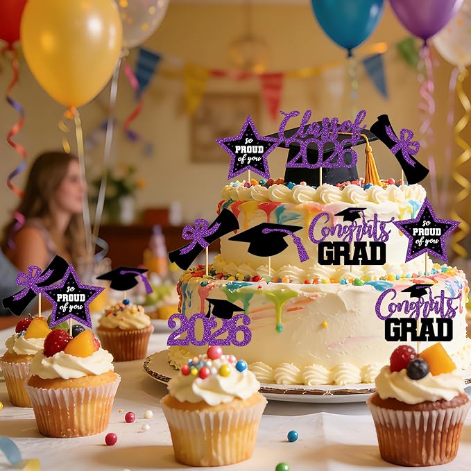 48 PCS Graduation Cupcake Toppers, 6 Styles Congrats Grad Cake Topper 2026, Graduation Decorations, Glittery Black and Purple Cap and Diploma Cake Picks for Grad Party Decor Supplies