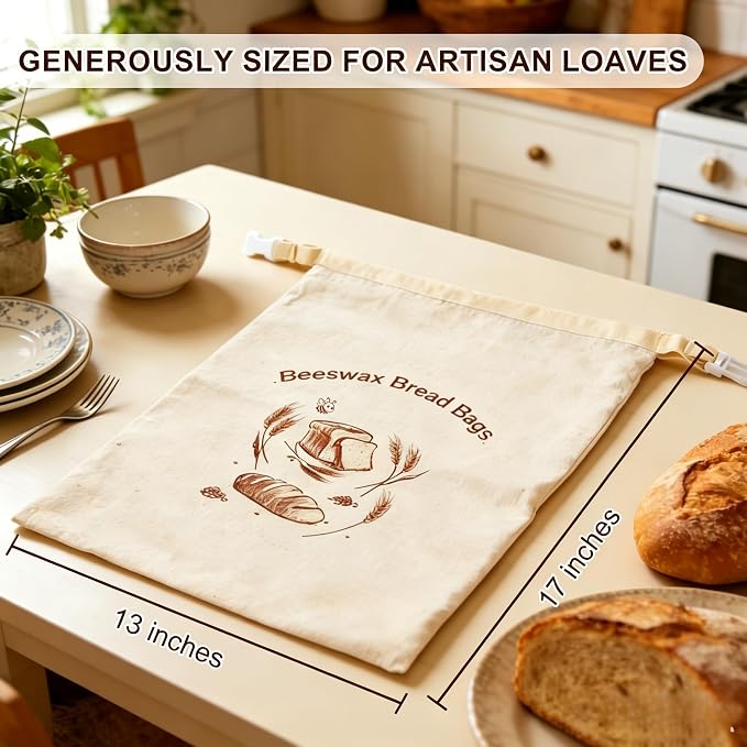 Reusable Beeswax Bread Bags 2 Pack by WSDKNS, for Sourdough & Homemade Bread, Large 17x13 Inch Linen Bag with Beeswax Lining to Keep Food Fresh | Freezer-Friendly & Stylish Design