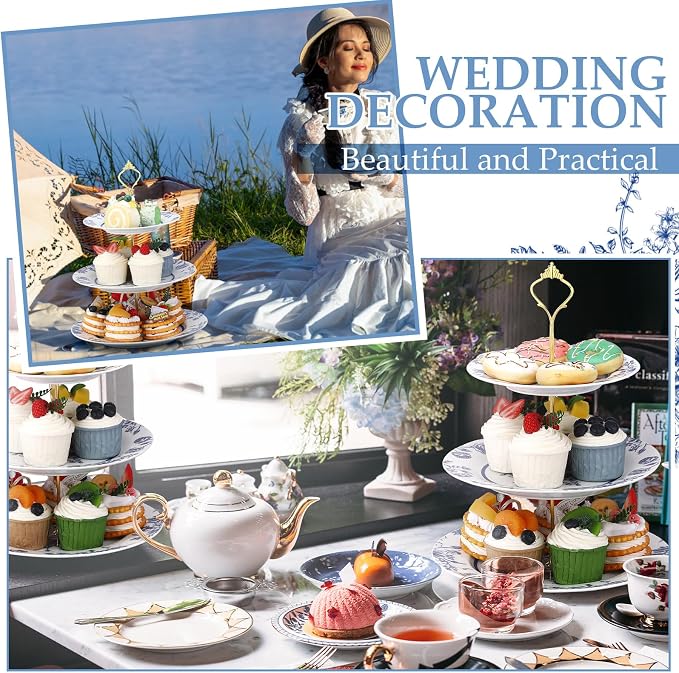 Lallisa Blue Floral 3 Tier Dessert Stand 10", 9" and 7" Ceramic Vintage Chinoiserie Tea Party Tiered Tray Cake Stand Display Holder Tower for Something Blue Before I Do Bridal Shower Decorations