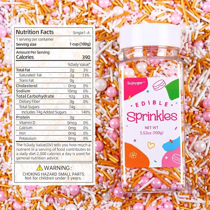 Pink White and Gold Sprinkles, 3.52oz Edible Pink Sprinkles for Cake Decorating Cupcakes Baking Ice Cream Cookie Wedding Valentines Party Decoration