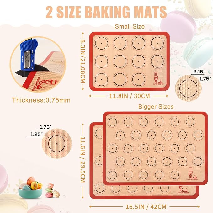 Folksy Super Kitchen Silicone Macaron Baking Mat - Set of 3 (2 Half Sheet and 1 Quarter Sheet), Non Stick Silicon Oven Liner For Macaroons and Cookies (16.5x11.6, Red) (Pack of 2)