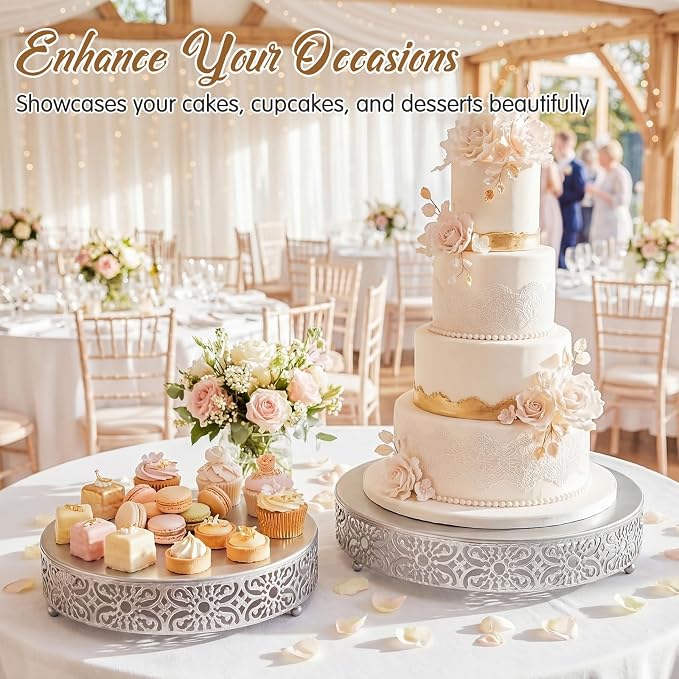 Wenqik 2 Pcs Silver Metal Cake Stand, 14" 16" Large Round Cupcake Stand Dessert Table Display Set Cake Holder for Wedding Birthday Party Bridal Shower Anniversary Table Decoration