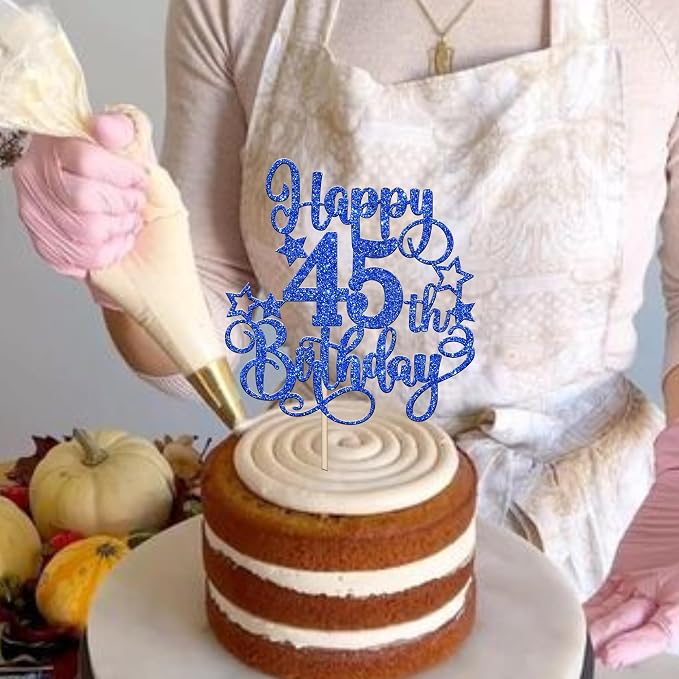 1 PCS Happy 45th Birthday Cake Topper Glitter Cheers to 45 Years Birthday Cake Pick Hello 45 Fabulous Cake Decoration for Happy 45th Birthday Anniversary Party Decorations Supplies Blue