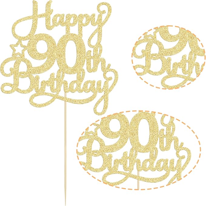 1 Pack Happy 90th Birthday Cake Topper Gold Glitter 90 & Fabulous Cheers to 90 Years Old Birthday Cake Pick for Celebrating 90th Birthday Anniversary Party Cake Decorations Supplies