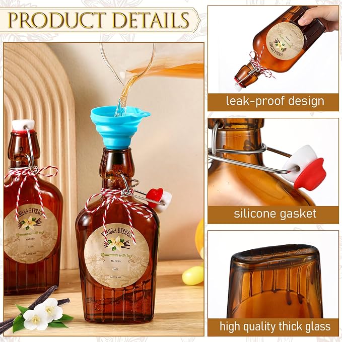 Uiifan 2 Pack 8 oz Vanilla Extract Bottles with Swing Top Flask Whiskey Pocket Amber Glass Flask for Homemade Vanilla Extract Lemon Kombucha Water Apply Christmas Wedding Gift (Amber)
