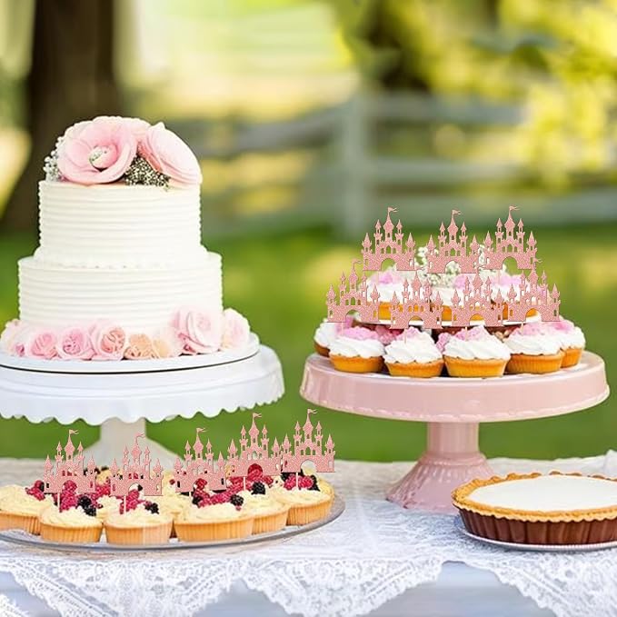 24 PCS Castle Cupcake Toppers Glitter Queen Princess Castle Cupcake Picks Castle Theme Birthday Party Decoration for Princess Birthday Girls Baby Shower Party Cake Decorations Supplies Rose Gold