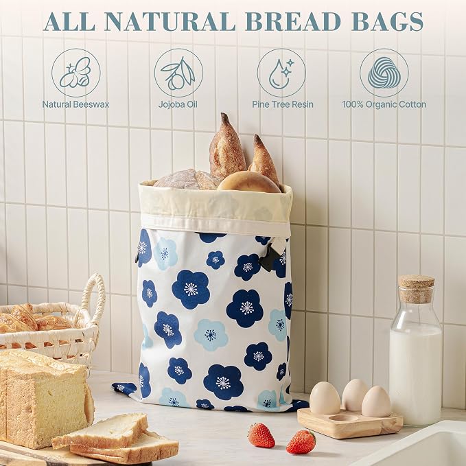 Beeswax Bread Bags for Sourdough, Reusable Bread Bags for Homemade Bread, 2 Pack Natural Cotton Beeswax Storage, Natural Cotton Beeswax Bags, Large Capacity