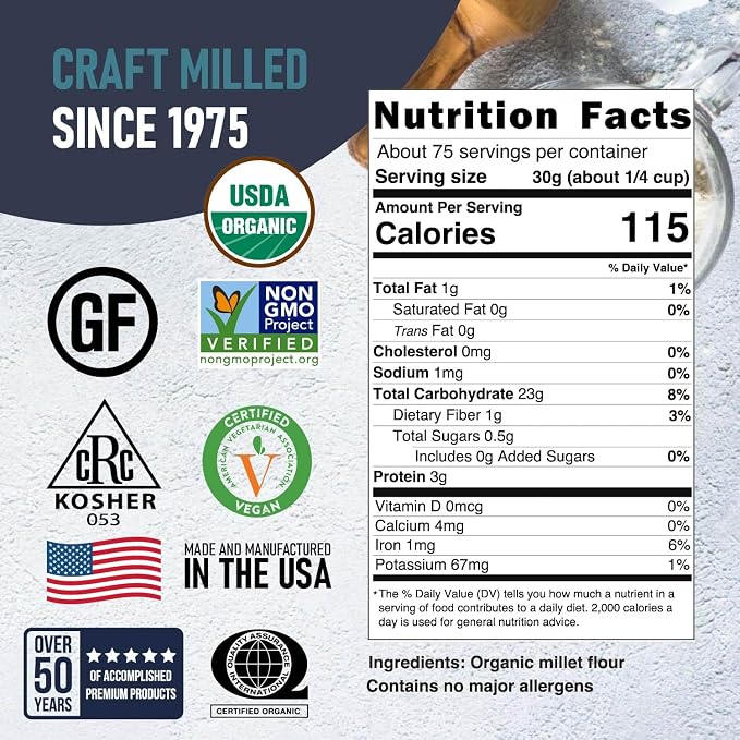 Great River Milling Organic Millet Flour | USDA Organic, Naturally Gluten Free, Non-GMO, Vegan, Kosher | Mild, Nutty Flavor for Baking, Flatbreads, Pancakes & Porridge | 5 Lb