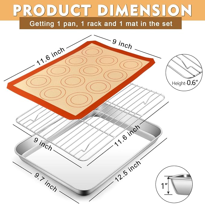 P&P CHEF 12.5 Inch Baking Oven Sheet Pan with Rack & Mat for Cookie, Stainless Steel Oven Sheet Tray Cooling Rack and Silicone Mat for Baking & Roasting, Dishwasher Safe & Healthy, 3Pcs