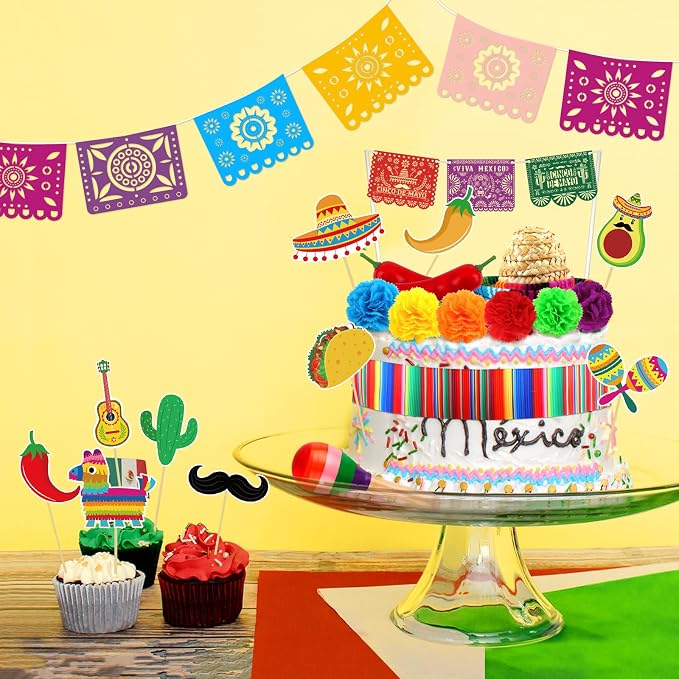 33PCS Mexican Cake Decorations Mexican Cake Topper with Mini Papel Picado Banner Serape Ribbon cactus Taco and Flower Cakes Decor for Fiesta Themed Party Decorations Baby Shower