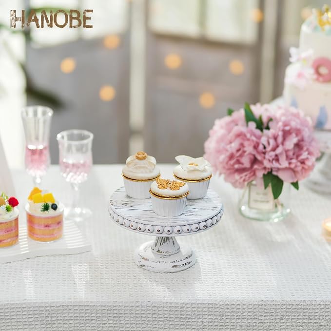 Hanobe Small Wood Cake Stand: White Cupcake Pedestal Stand 8 inch Dessert Display Riser Rustic Round Cakes Holder Tray Vintage Beads Wooden Plate for Wedding Birthday Decor