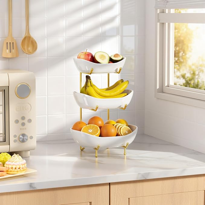 3 Tier Ceramic Fruit Bowl for Kitchen Counter – Fruit Basket with Gold Metal Stand , Fruit Holder for Snacks, Nuts, Cakes, Desserts, Bread, Candy Storage