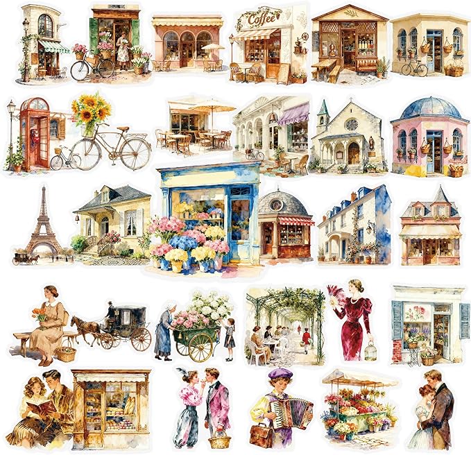 50 pcs Vintage European Town Clear PET Stickers, Paris Street Cafe Building People Transparent Die-Cut Decals, Waterproof Stickers for Journal Scrapbook Planner DIY Travel Craft Decor