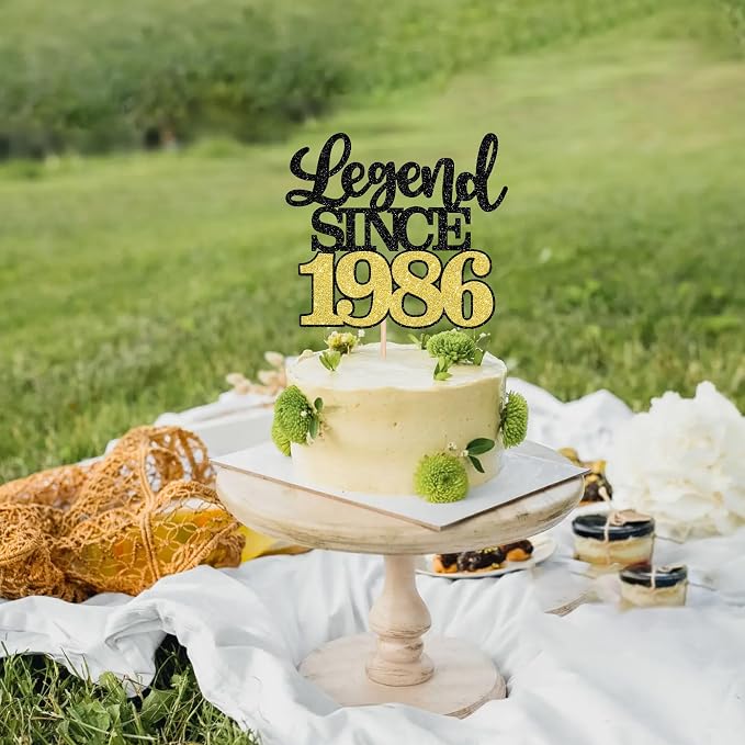 1 PCS Legend Since 1986 Cake Topper Black Gold Glitter Forty Happy 40th Birthday Cake Pick Cheers to 40 Years Cake Decoration for 40th Birthday Wedding Anniversary Party Decorations Supplies
