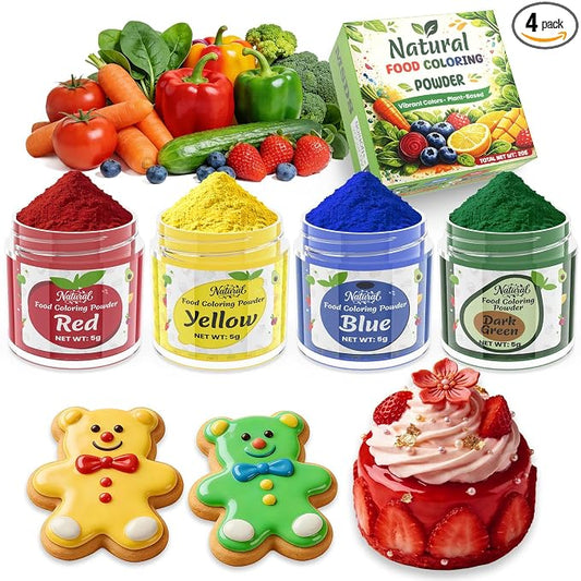 Natural Food Coloring Powder - 4 Colors Plant Based Natural Food Dye Powder, No FD&C & Artificial Dyes, Non-Toxic, Dye Free Food Coloring Powder for Baking, Frosting, Cake, Icing, Fondant, Cookies - 5g/Bottles