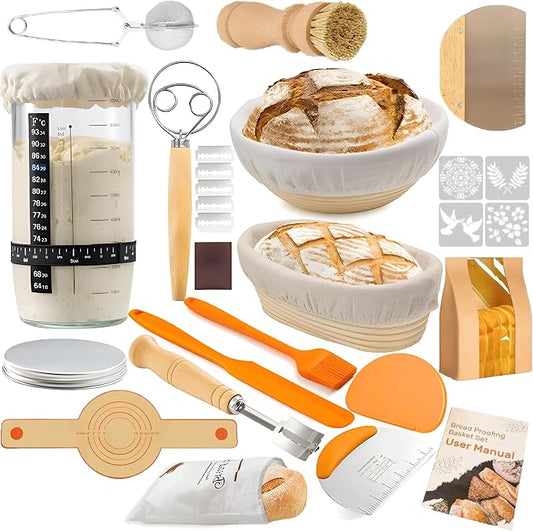 Complete Sourdough Starter Kit with Banneton Bread Proofing Baskets | 26-Piece Set with Starter Jar, Lame, Dough Whisk, Scraper & Sling - Sourdough Baking Supplies Gift for Beginners