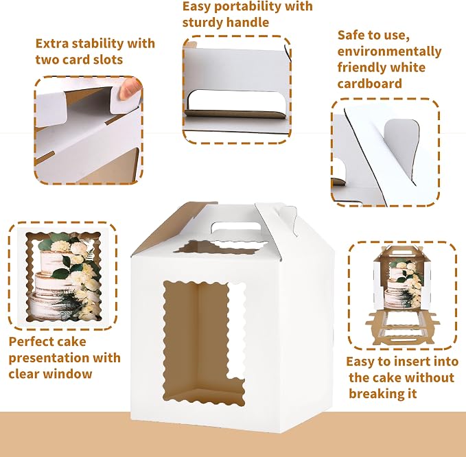 3 Pack 12x12x12 Inch Tall Cake Boxes with windows,10in 12in Tall Cake Carrier, Large Tiered Cake Box,Disposable Layer Tall Baking Carrier with Handle for Wedding, Birthday