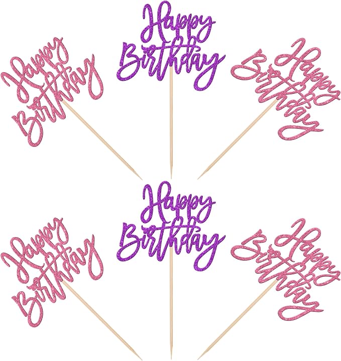 24 PCS Happy Birthday Cupcake Toppers Glitter Happy Birthday Cupcake Picks for Celebrating Anniversary Theme Party Cake Decorations Supplies Pink Purple