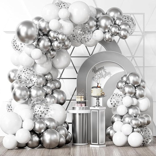 Bezente White Silver Balloon Garland Kit,100Pcs White Silver Metallic Chrome and Silver Confetti Balloons with Balloon Tape for Winter Wonderland Wedding Prom Special Events Party Winter Decor