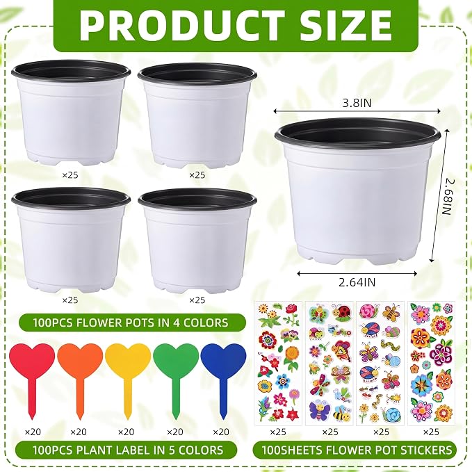 100 Sets Garden Pot Craft Kit, Flower Plant Spring Craft Including Plastic Nursery Plant Pots Labels Tags Stickers for DIY Flower Planting Growing Birthday Arts Kit (Pure)