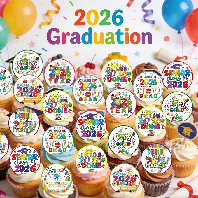 48pcs Edible 2026 Kindergarten Graduation Cupcake Toppers Wafer Paper Preschool Cake Decorations Edible Class of 2026 Cupcake Picks for 2026 Kindergarten Grad Theme Party Cake Decor Supplies