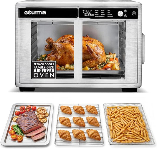 Gourmia French Door Air Fryer Oven - 37 Qt Large Capacity Convection Toaster Oven, FryForce 360°, Digital Display, 12 Cooking Presets, Dehydrate, Fits 13” Pizza, Dishwasher-Safe, Stainless Steel